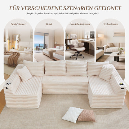 U-förmiges Cord-Sofa mit Getränkehaltern und Seitentaschen, Federkernpolsterung, 4 Rückenkissen und 2 Zierkissen. Ergonomisch geformt für angenehmes langes Sitzen – ideal für Wohnung und Wohnzimmer.