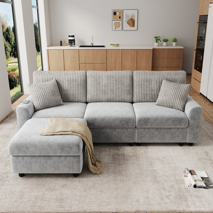 Modernes Sofa mit 1 Fußhocker, 2 quadratischen Kissen, 1 USB-Anschluss und 1 Type-C-Anschluss, Grau (Maße: B223 × H84 × T146 cm)