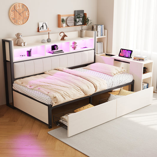 Gigab2b original image - Eisen Sofabett 90 x 200 cm, Mit vielseitigen Staufächern & Schließfächern, multifunktionalen Steckdosen & LED-Beleuchtung, Komplett mit großen Schubladen und einem ausziehbaren Schreibtisch, Weiß