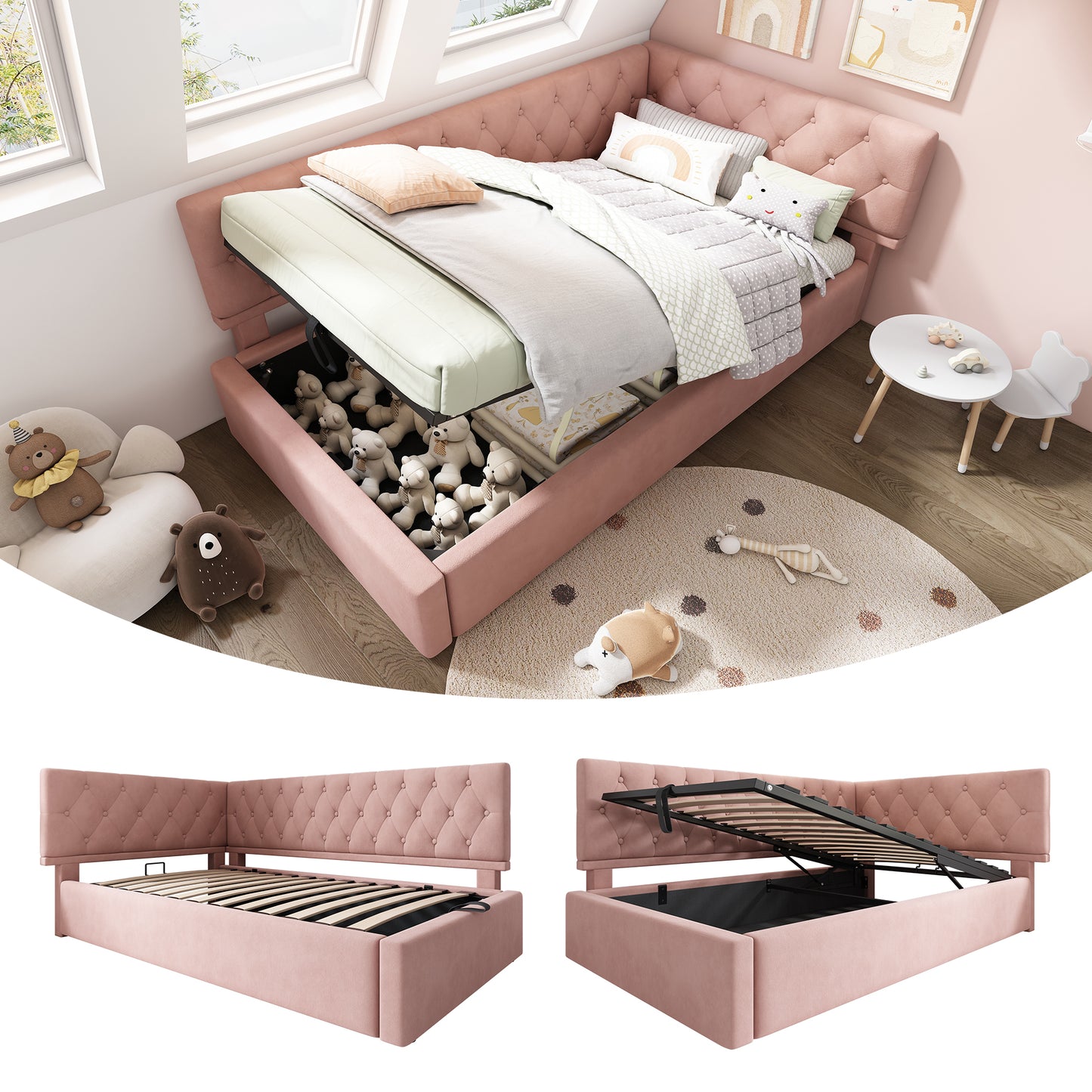 Gigab2b original image - Polsterbett Tagesbett Daybett 90x200cm, Schlafsofa mit hydraulischem Stauraum, Kinderbett Jugendbett Bettgestell mit Lattenrost aus Holz, Samt, Rosa, ohne Matratze.