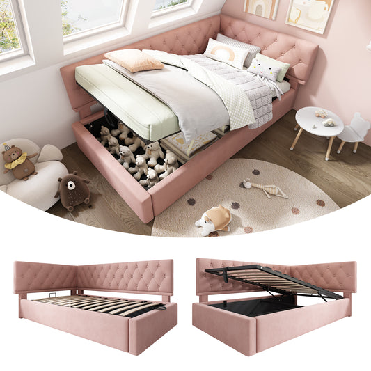 Gigab2b original image - Polsterbett Tagesbett Daybett 90x200cm, Schlafsofa mit hydraulischem Stauraum, Kinderbett Jugendbett Bettgestell mit Lattenrost aus Holz, Samt, Rosa, ohne Matratze.