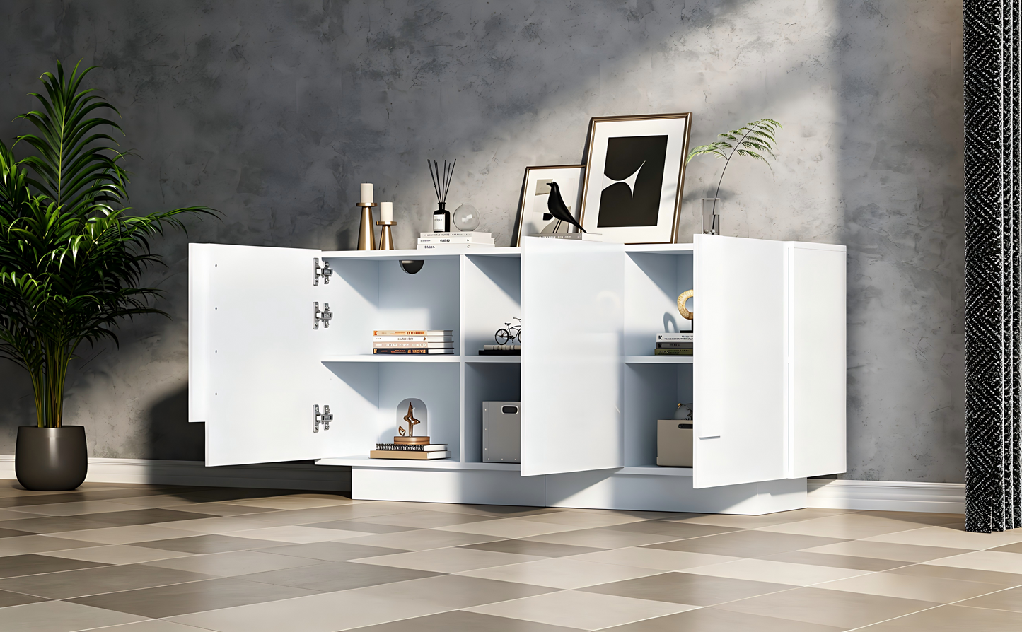 Wohnzimmer-Sideboard (35 x 160 x 60 cm), ein Wohnzimmerschrank mit 3 Türen, Hochglanz-Aufbewahrung, 6 Ablagefächern und viel Stauraum.Breiter Schrank, weiß, Spanplatte, leicht zu reinigen,kommode