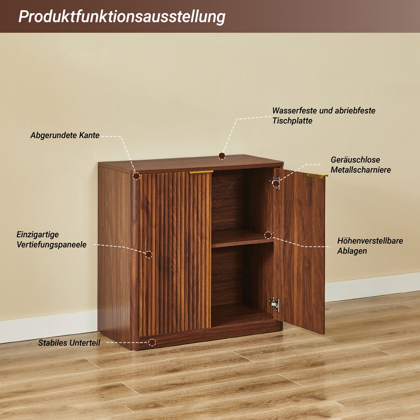 Modernes Sideboard mit Vertiefungspanelen & höhenverstellbaren Ablagen, TV-Schrank oder Buffet für Wohnzimmer & Esszimmer, wasserfeste Platte, 80x40x80 cm, Braun