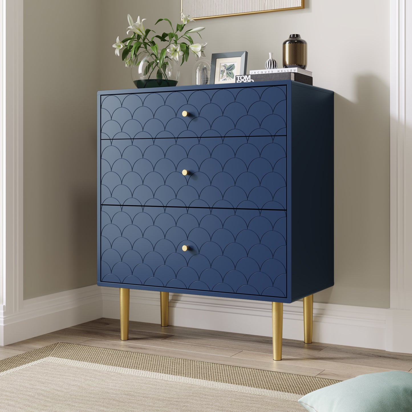 (=WF290545AAB)Schubladenkommode Kommode mit 3 Schubladen, Sideboard Highboard für Schlafzimmer & alle Wohnräume,Marineblau-H89/B75/T40 cm