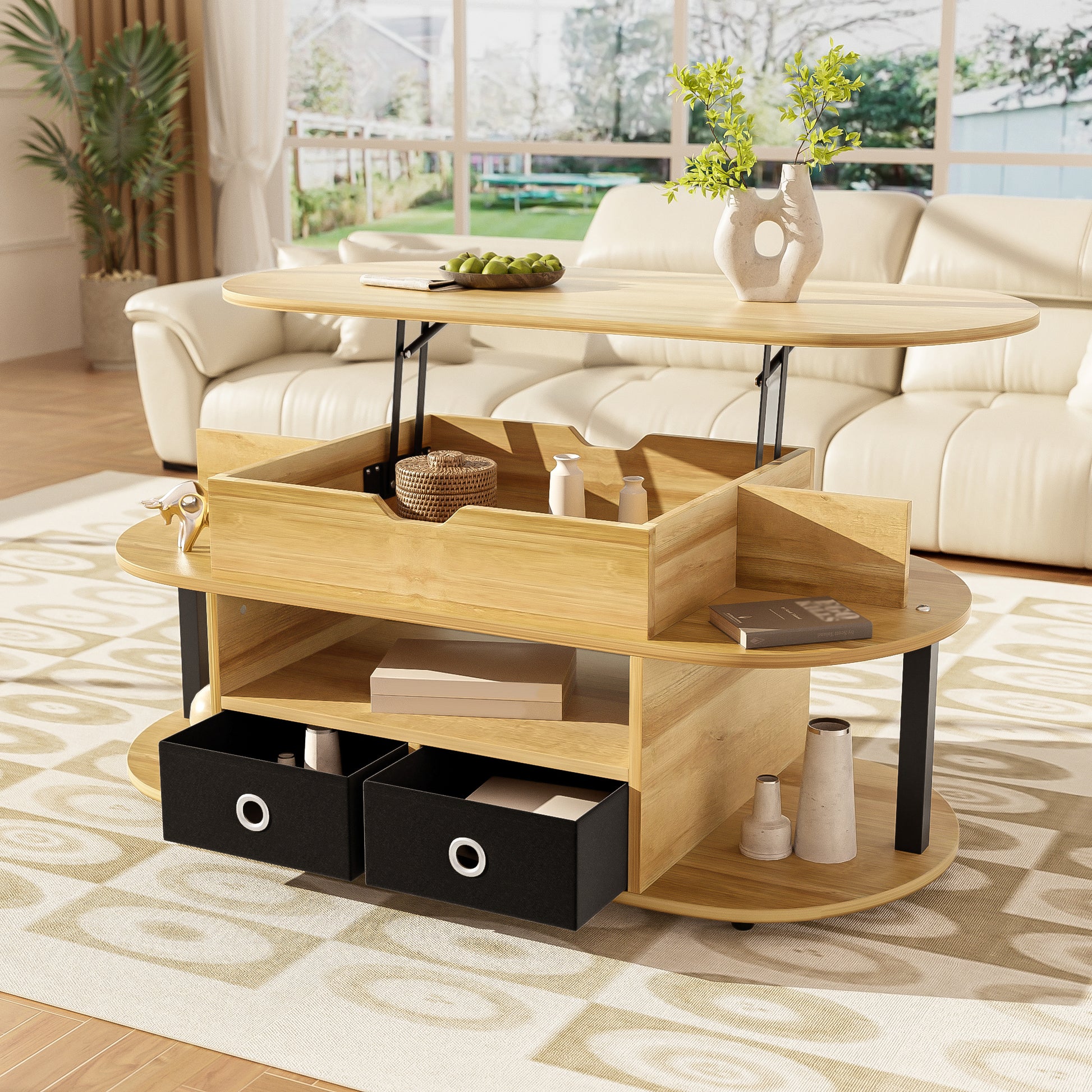 Gigab2b original image - Moderner Couchtisch aus Holzmaserung, mit Hebefunktion, Stauraum und schwarzen Stoffschubladen – Vielseitig, stilvoll und praktisch für Wohnzimmer und Büro