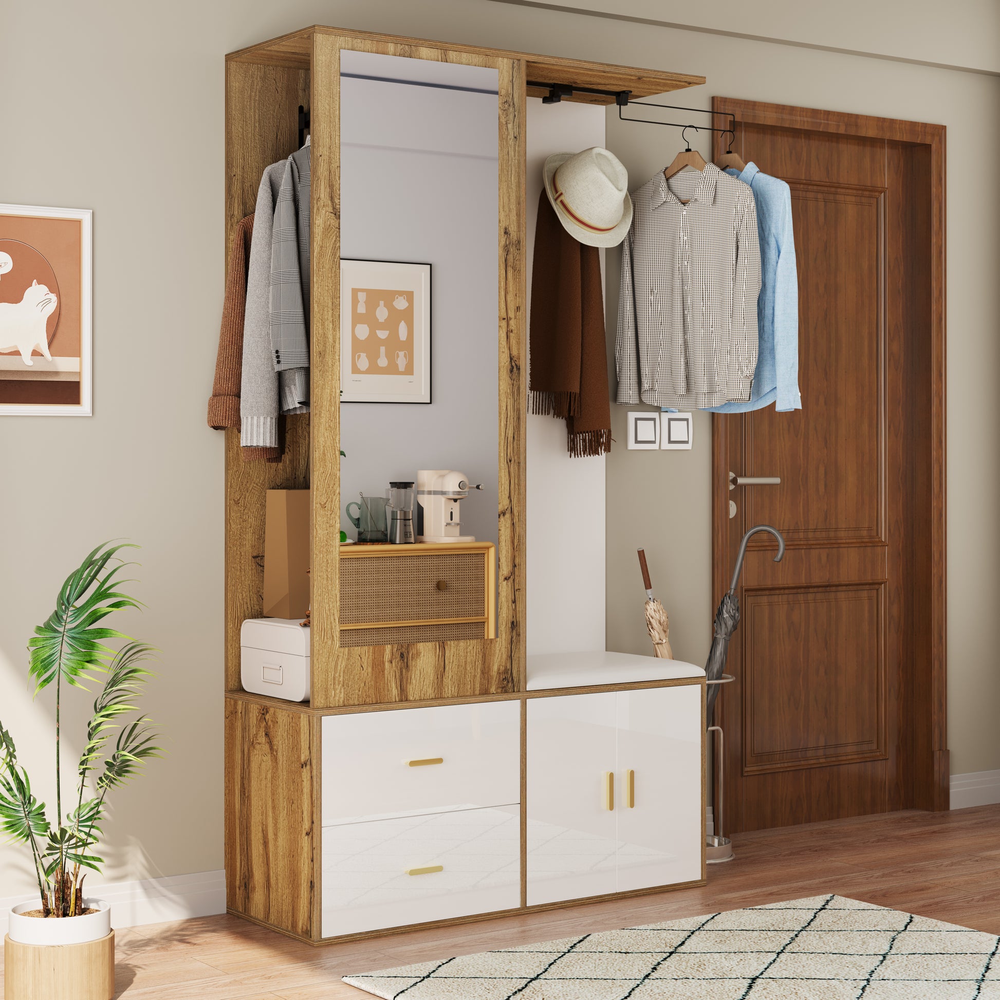 Gigab2b original image - Edles Garderobenset in Weiß- und Holzfarben mit Spiegel, Schuhschrank, Schuhbank mit Haken und ausziehbarer Kleiderstange