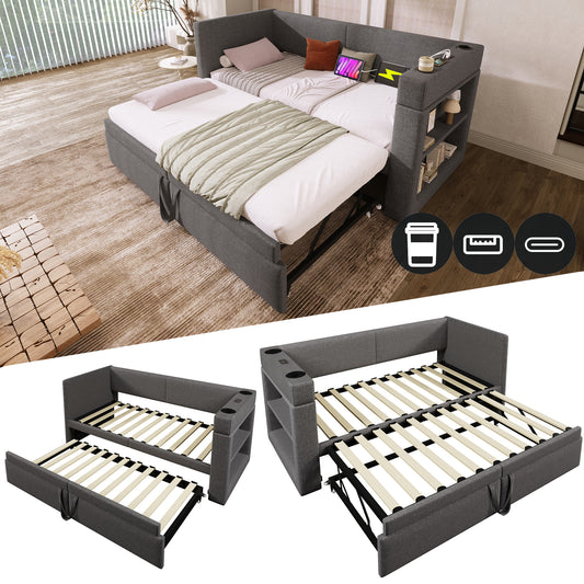 Gigab2b original image - Polstertes Daybett 90x200 cm, Einzelbett Schlafsofa mit Ausziehbett, Armlehnen mit USB- & Type-C-Ladeanschluss und Getränkehalter, Leinen-Mischgewebe, Grau, ohne Matratze.