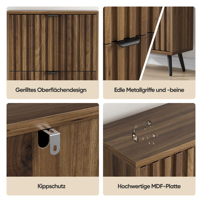 60 cm Schuhschrank aus Walnussholz – Freistehende Schuhaufbewahrung im Mid-Century-Modern-Stil mit zwei Klappfächern und gerilltem Design – Ideal für Flure und Eingangsbereiche