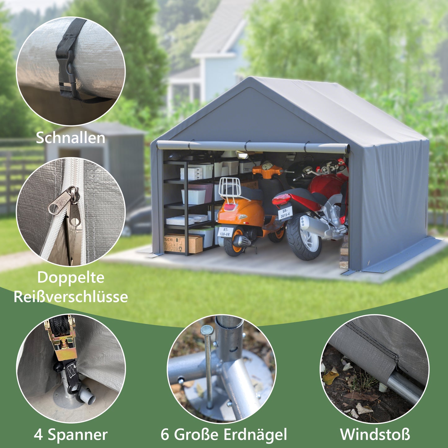 Complete Outdoor Storage Solution: Bicycle Shed, Tent, and Garden Tools