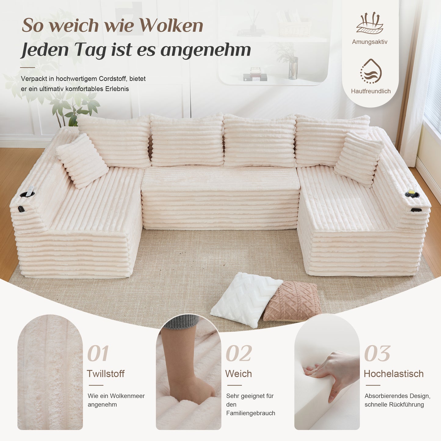 U-förmiges Cord-Sofa mit Getränkehaltern und Seitentaschen, Federkernpolsterung, 4 Rückenkissen und 2 Zierkissen. Ergonomisch geformt für angenehmes langes Sitzen – ideal für Wohnung und Wohnzimmer.