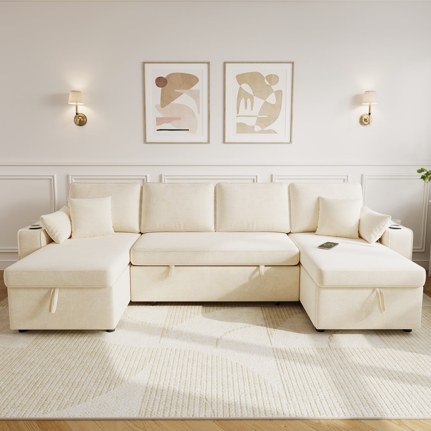 U‑förmiges Ecksofa mit Schlaffunktion, ausziehbares Schlafsofa, integrierter Stauraum, doppelte Chaiselongue mit verstecktem Stauraum, Becherhalter, USB‑Ladeanschluss und Armlehnen‑Ablage,Beige