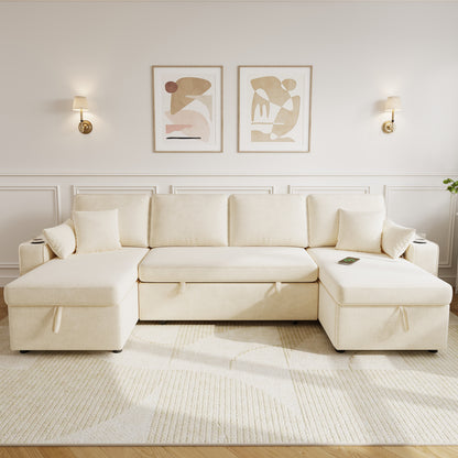 U‑förmiges Ecksofa mit Schlaffunktion, ausziehbares Schlafsofa, integrierter Stauraum, doppelte Chaiselongue mit verstecktem Stauraum, Becherhalter, USB‑Ladeanschluss und Armlehnen‑Ablage,Beige