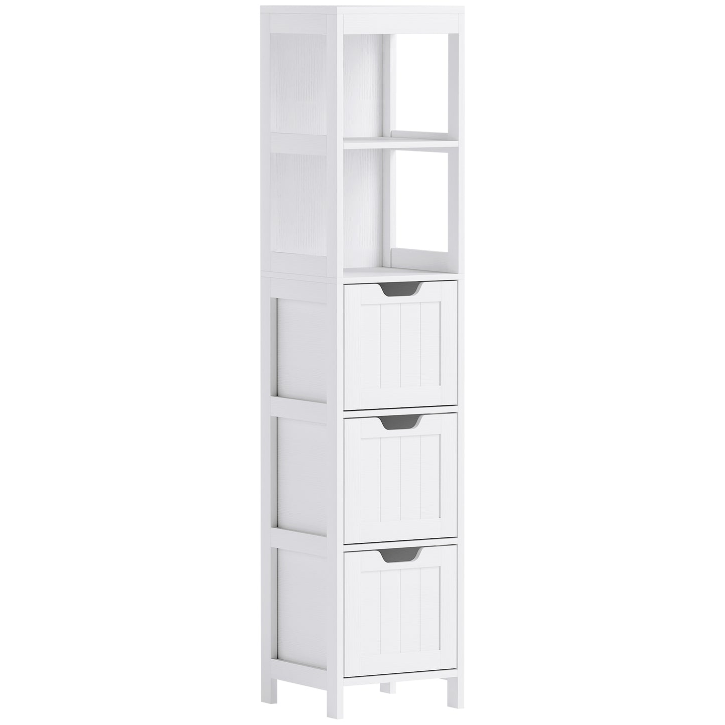 Badezimmerschrank Badschrank, Bad Hochschrank mit 3 Schubladen, 2 offenen Fächern, Aufbewahrungsschrank für Badezimmer, Wohnzimmer, Weiß, 30 x 30 x 142,4 cm