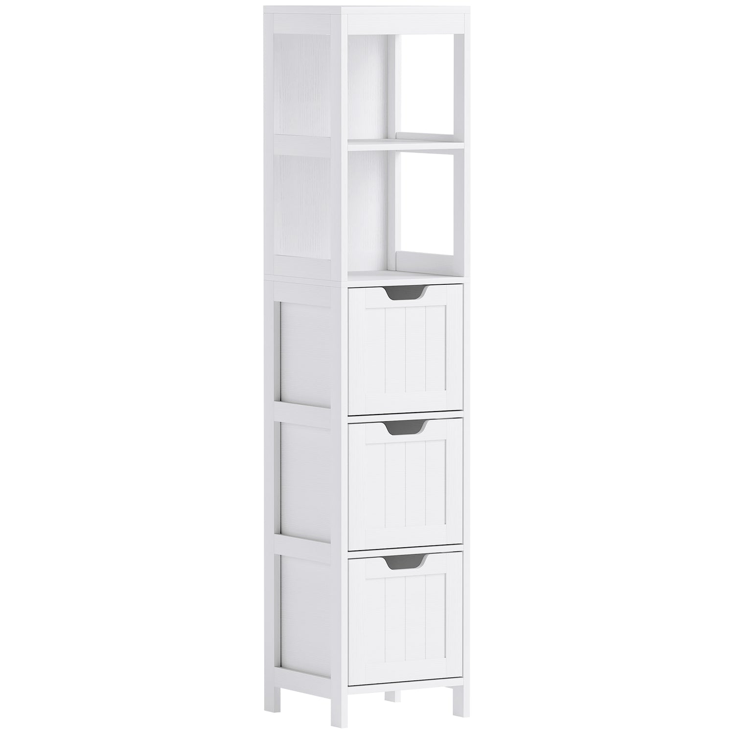 Badezimmerschrank Badschrank, Bad Hochschrank mit 3 Schubladen, 2 offenen Fächern, Aufbewahrungsschrank für Badezimmer, Wohnzimmer, Weiß, 30 x 30 x 142,4 cm
