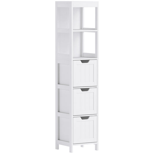 Badezimmerschrank Badschrank, Bad Hochschrank mit 3 Schubladen, 2 offenen Fächern, Aufbewahrungsschrank für Badezimmer, Wohnzimmer, Weiß, 30 x 30 x 142,4 cm