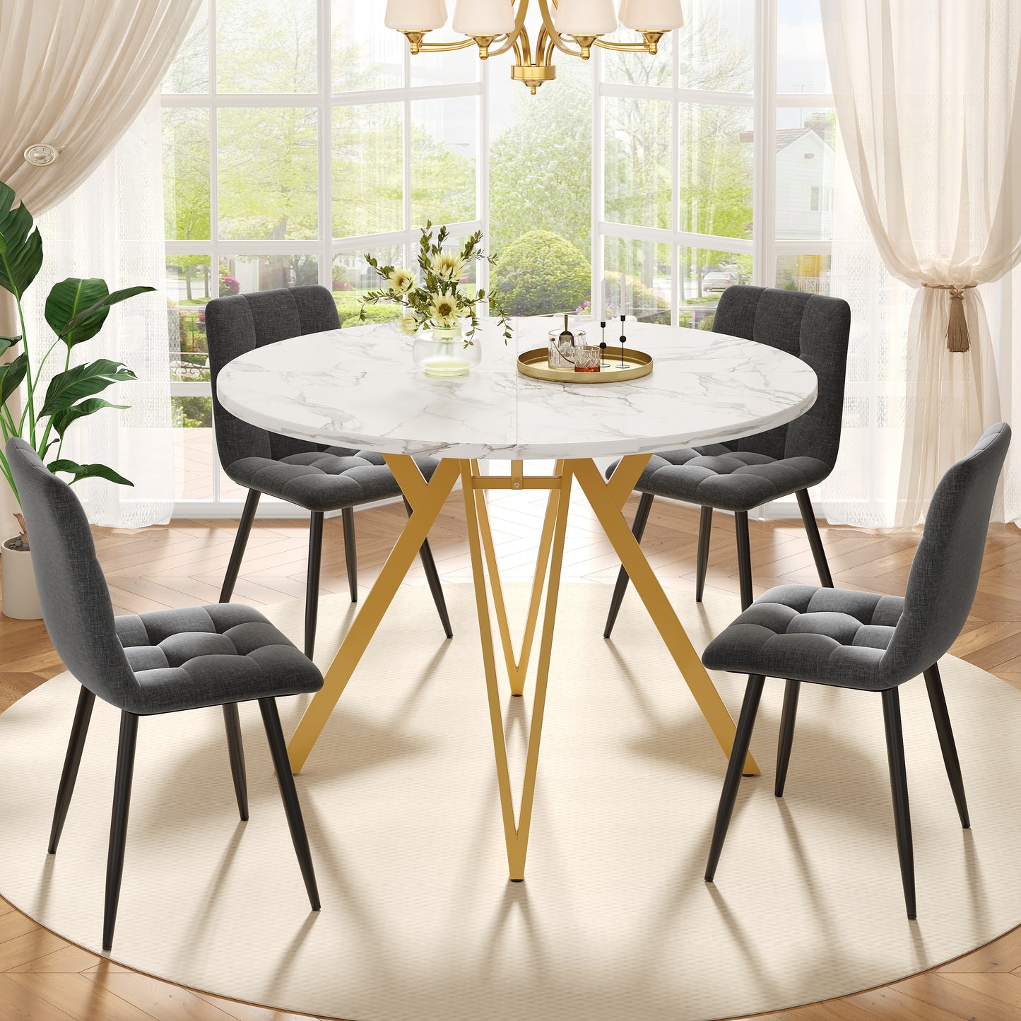 Gigab2b original image - Esstisch-Set (5-teilig), Esstisch-Set mit 4 Stühlen, Modernes Küchen-Esstisch-Set, Runder Küchentisch mit 100 cm Durchmesser und goldenen Metallbeinen, MDF-Marmor-Tischplatte, Esszimmerstühle aus grau
