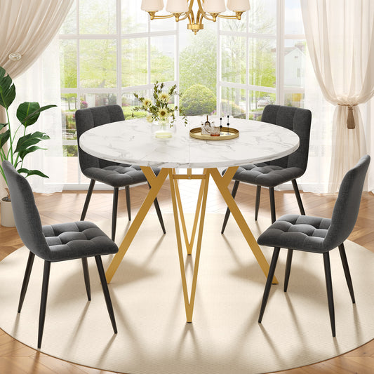 Gigab2b original image - Esstisch-Set (5-teilig), Esstisch-Set mit 4 Stühlen, Modernes Küchen-Esstisch-Set, Runder Küchentisch mit 100 cm Durchmesser und goldenen Metallbeinen, MDF-Marmor-Tischplatte, Esszimmerstühle aus grau