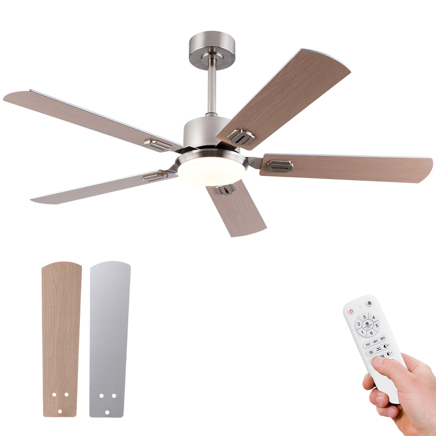 52-Zoll-Deckenventilator mit Licht und Fernbedienung, Flacher moderner Deckenventilator mit Licht für Schlafzimmer, 5 Flügel, dimmbares LED-Licht, reversibler 6-Gang-Motor, Speicherfunktion, leiser DC