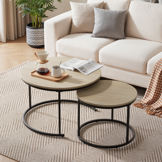 Gigab2b original image - Zweiteiliges, ineinander schiebbares Couchtisch-Set, Eichenfurnier, runder Couchtisch mit einem Durchmesser von 70 cm, Metallgestell, moderner Stil, geeignet für Wohnzimmer, Schlafzimmer, Balkon.