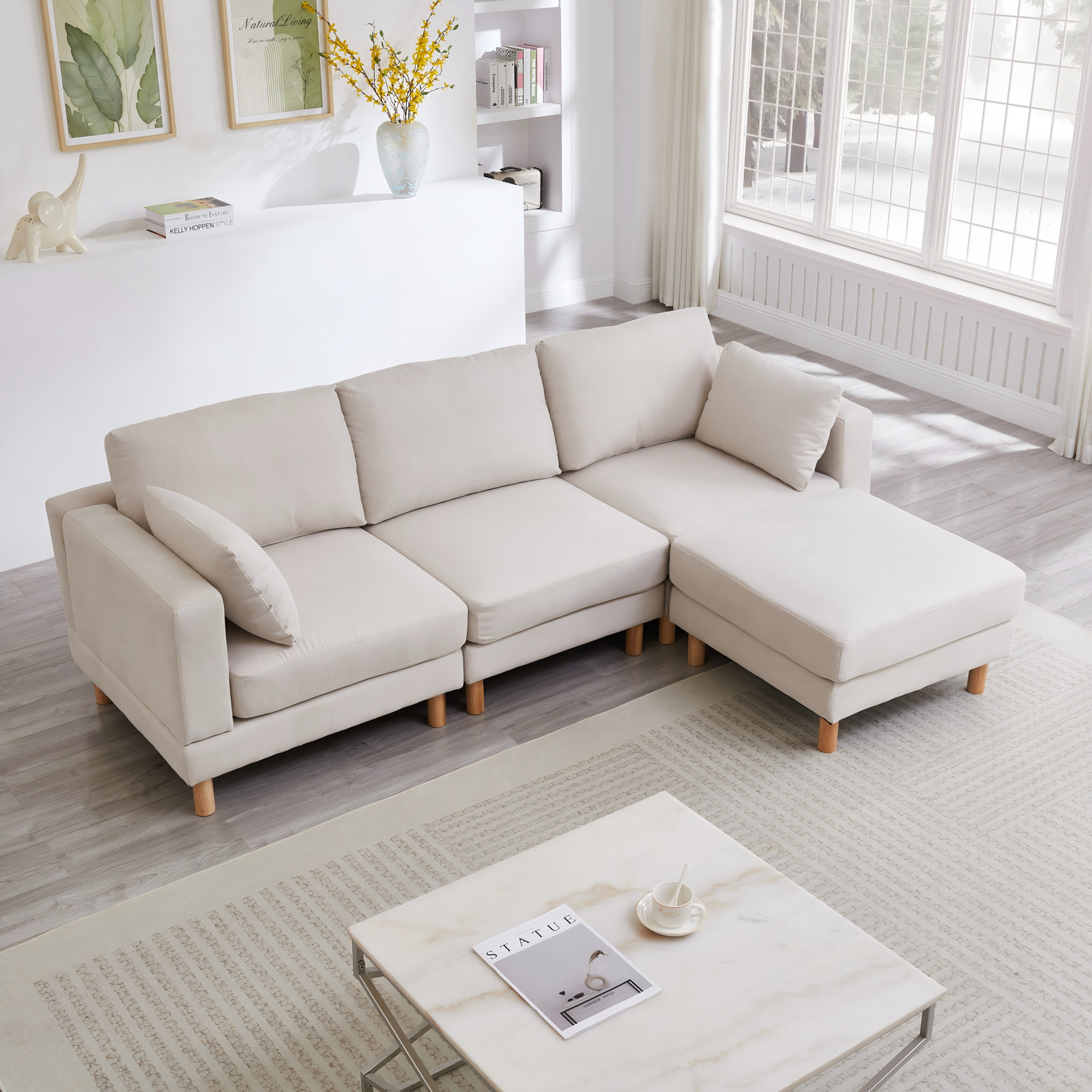 Gigab2b original image - Nordisches 3-Sitzer Ecksofa mit Hocker 235×152×78 CM – L-förmiges Sofa in Beige aus Polyester & Massivholzbeinen fürs moderne Wohnzimmer