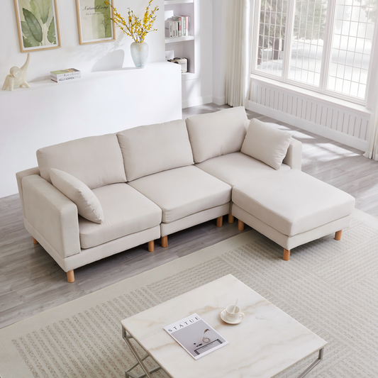 Gigab2b original image - Nordisches 3-Sitzer Ecksofa mit Hocker 235×152×78 CM – L-förmiges Sofa in Beige aus Polyester & Massivholzbeinen fürs moderne Wohnzimmer