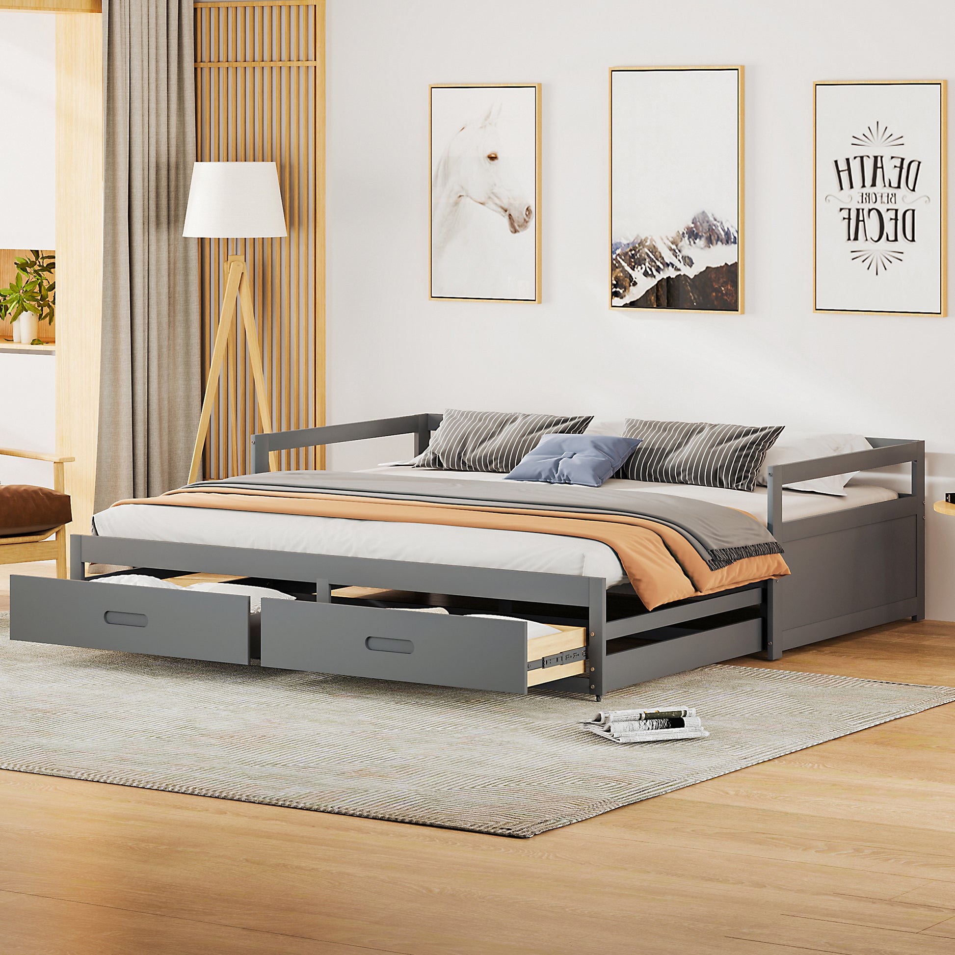 Ausziehbares Schlafsofa 90/180*200 cm mit Schubladen und Lattenrosten, Kiefernbett mit Stauraum, grau (Alte SKU: LD000033AAE)