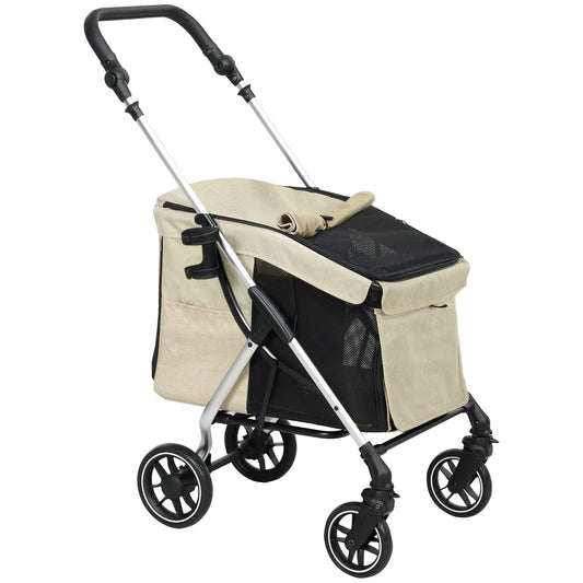 Gigab2b original image - Hundewagen leicht Hundebuggy aus Aluminium klappbar für Hunde & Katzen bis 10 kg Katzenbuggy mit Kissen Netzfenstern Türen Aufbewahrungskorb Katzenwagen Buggy Khaki