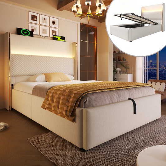 Gigab2b original image - Modernes Hydraulisches Bett mit Hohem Kopfteil, 90x200cm Einzelbett mit LED-Beleuchtung, Stauraum & USB/Type-C-Anschlüssen, in Leinen Optik Beige (Ohne Matratze)