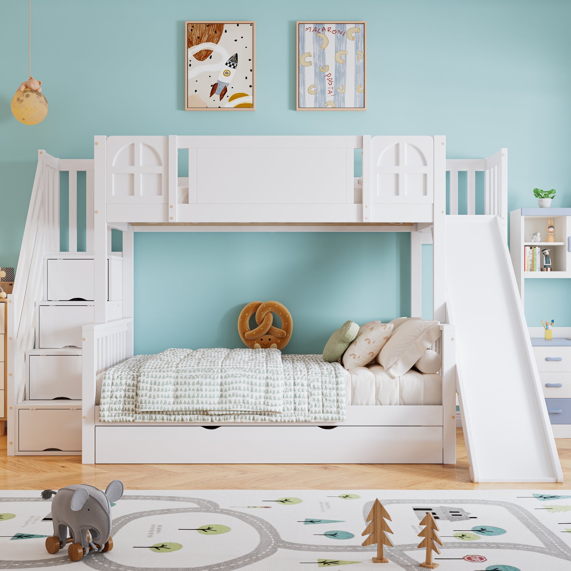Gigab2b original image - Etagenbett, Kinderbett Mit Fenster, Mit Kinderrutsche, Schubladen mit Rollen, Treppen mit Handlauf, Mit 4 Schließfächer in der Treppe, Vielseitiges Design, Reichlich Stauraum, Kiefer+MDF, Weiß, 90x200