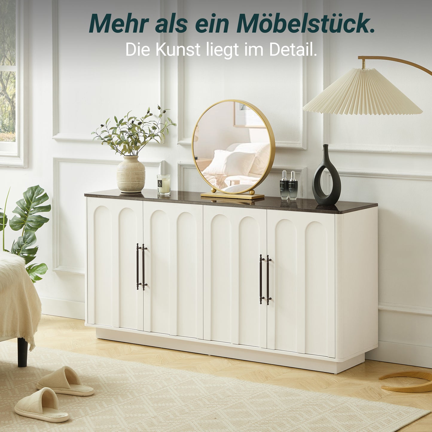 Bogenfront Sideboard mit 4 Türen, Soft-Close Scharnieren & Kippsicherung, 160cm Breiter Aufbewahrungsschrank für Wohnzimmer & Esszimmer, Weiß und schwarz