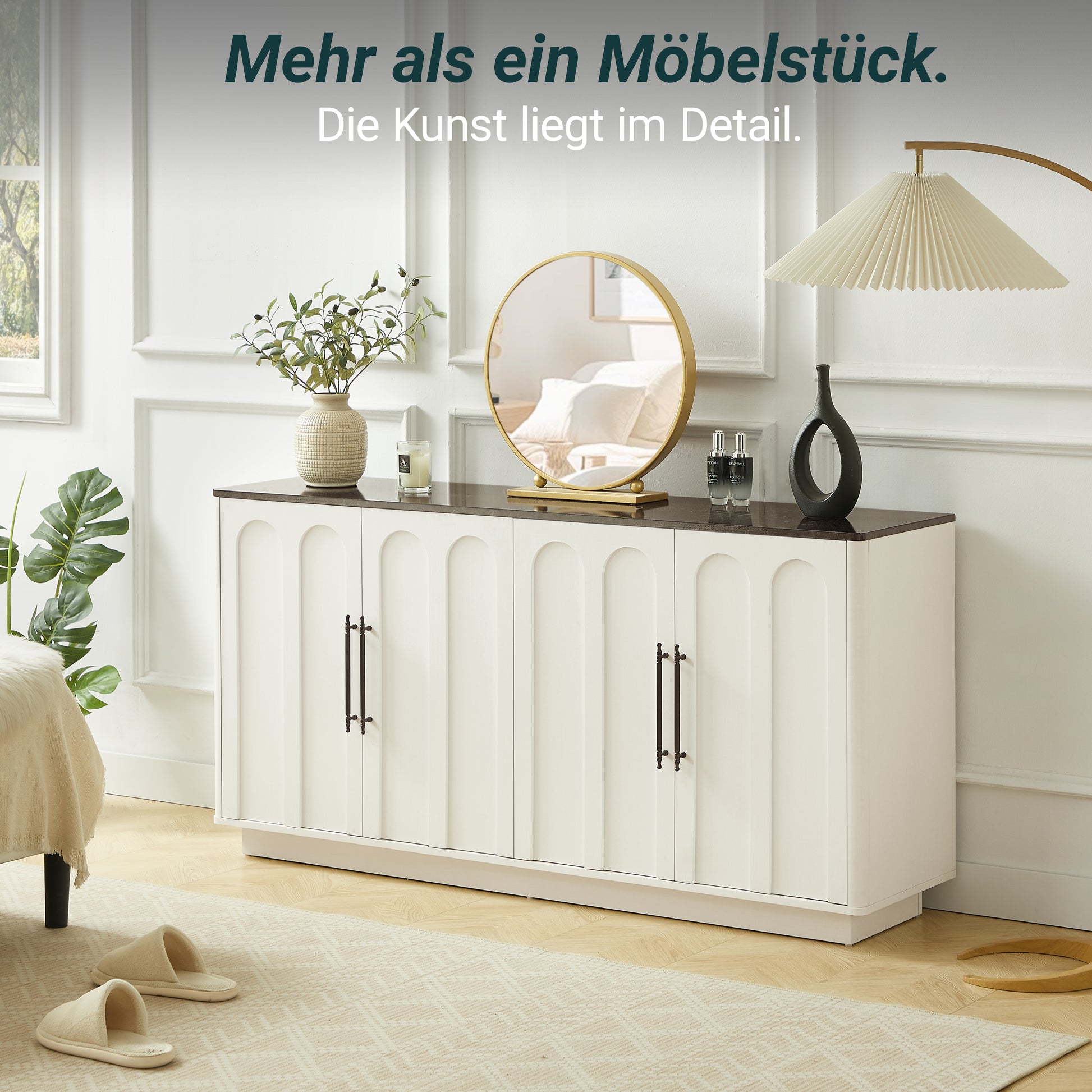 Bogenfront Sideboard mit 4 Türen, Soft-Close Scharnieren & Kippsicherung, 160cm Breiter Aufbewahrungsschrank für Wohnzimmer & Esszimmer, Weiß und schwarz