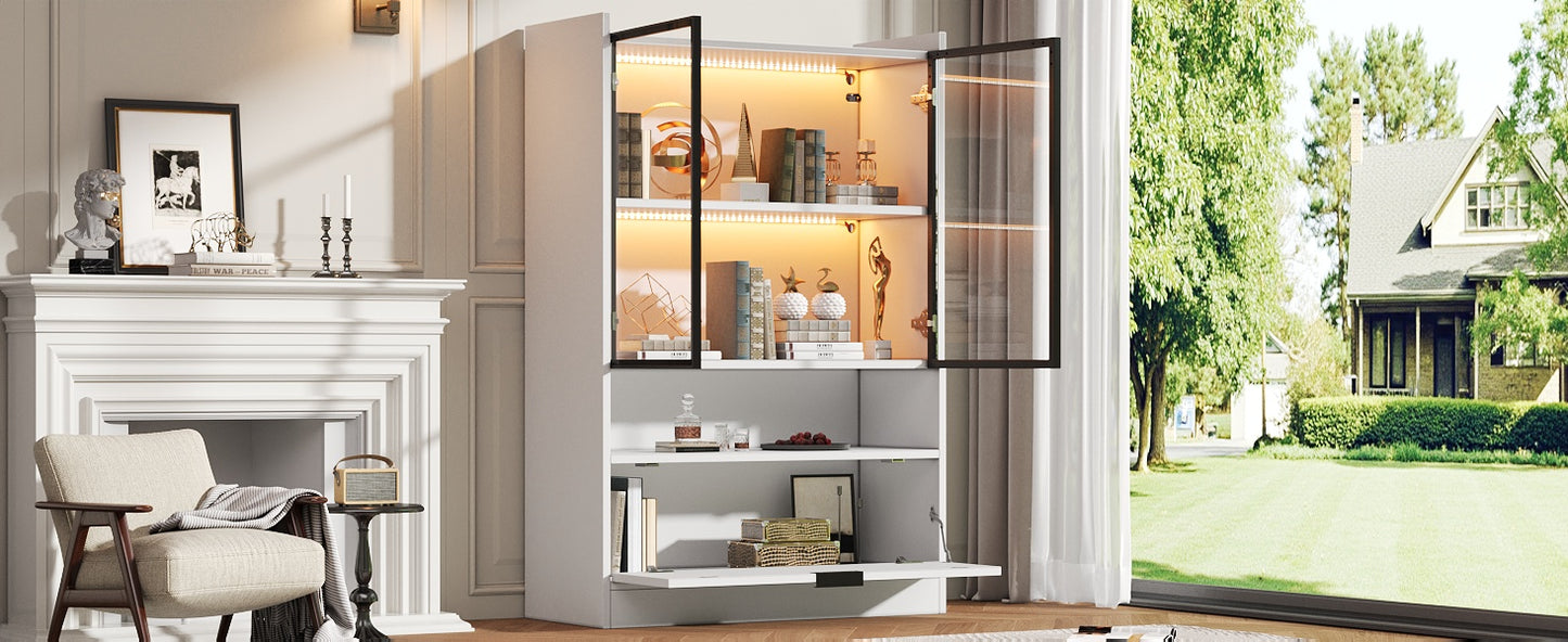 Moderne LED Vitrine Matt Höhe 120cm mit LED-Beleuchtung, Glasvitrine Standvitrine mit Beleuchtung, Wohnzimmerschrank mit Glastüren und Klapptür, Spanplatte Display Schrank,Weiß