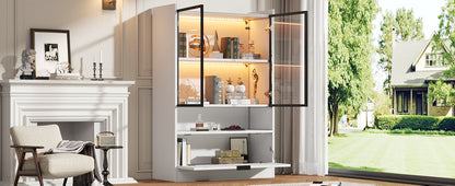 Moderne LED Vitrine Matt Höhe 120cm mit LED-Beleuchtung, Glasvitrine Standvitrine mit Beleuchtung, Wohnzimmerschrank mit Glastüren und Klapptür, Spanplatte Display Schrank,Weiß