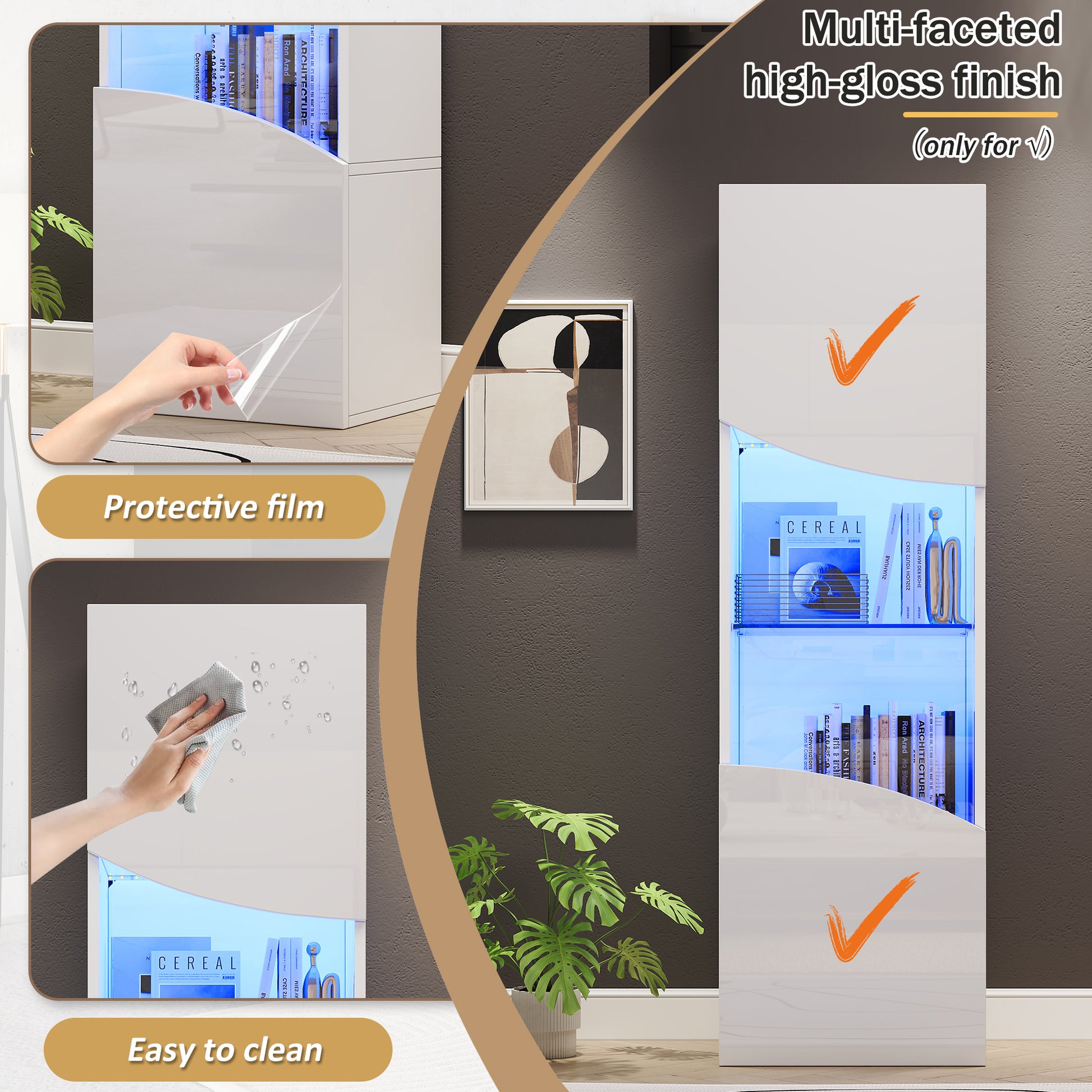 35*50*165cm Wohnzimmer-Vitrinenschrank,Hochglänzender Vitrinenschrank (Schranktüren), hoher Schrank mit großem Stauraum und LED-Beleuchtung.konkav bogenförmige Wellenoberflächengestaltung,Weiß