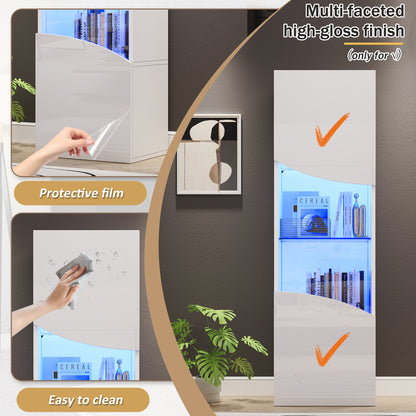 35*50*165cm Wohnzimmer-Vitrinenschrank,Hochglänzender Vitrinenschrank (Schranktüren), hoher Schrank mit großem Stauraum und LED-Beleuchtung.konkav bogenförmige Wellenoberflächengestaltung,Weiß