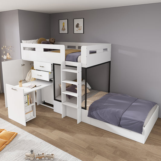 Gigab2b original image - Etagenbett mit Ausziehbarer Schreibtisch und Garderobe, Multifunktionales Kinderbett, Kinderetagenbett, Mit Schublade & Regale & Leitern, Ohne Matratze, 90*200 cm, weiß(OLD SKU:3233289012AAW-1)