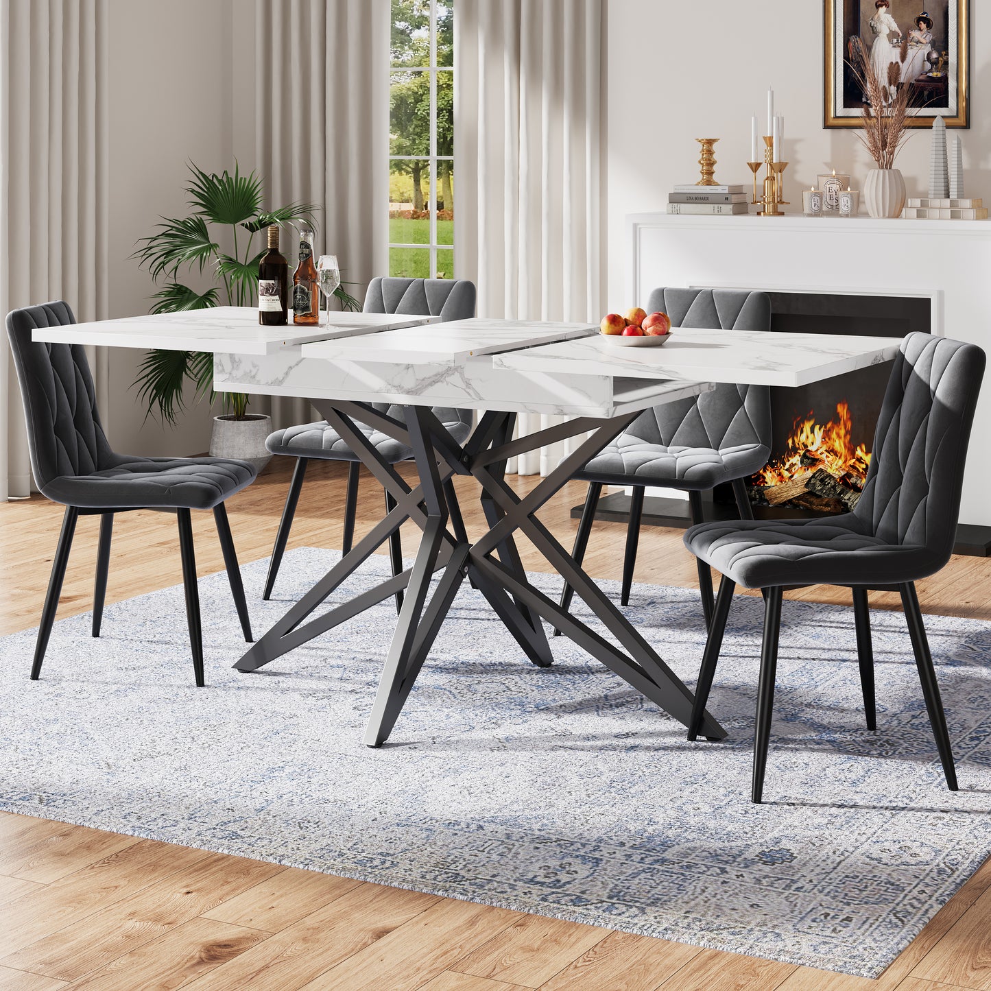 Ausziehbarer Esstisch 120 (160) x 80 cm, ausziehbarer Küchentisch, Frühstückstisch, sternförmige Tischbeine, schwarze Eisenbeine, Tischplatte aus Walnussholz/Marmorimitat