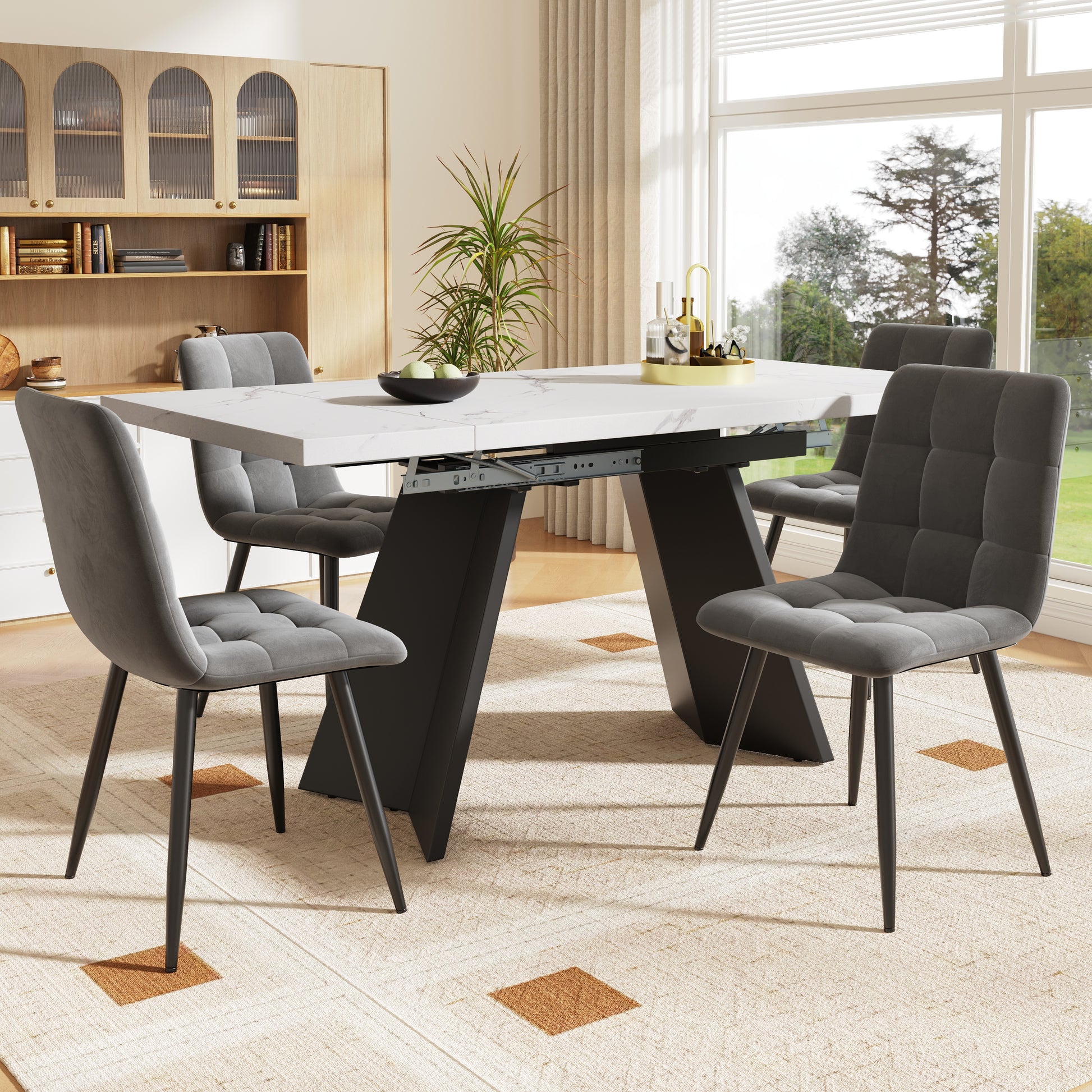 Gigab2b original image - Essgruppe (5-tlg),Esstisch-Set, Ausziehbares Esstischset für 4 Personen,160×80×75cm Esstisch mit 4 Esszimmerstühlen,Grauer Samt-Esszimmerstuhl,Weißer Esstisch mit Flache Tischbeine