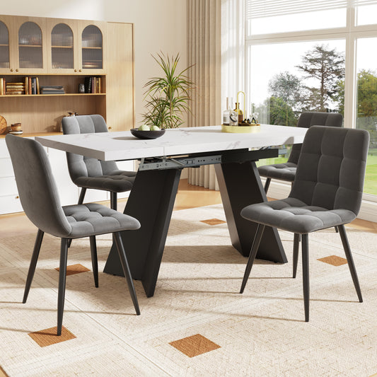 Gigab2b original image - Essgruppe (5-tlg),Esstisch-Set, Ausziehbares Esstischset für 4 Personen,160×80×75cm Esstisch mit 4 Esszimmerstühlen,Grauer Samt-Esszimmerstuhl,Weißer Esstisch mit Flache Tischbeine