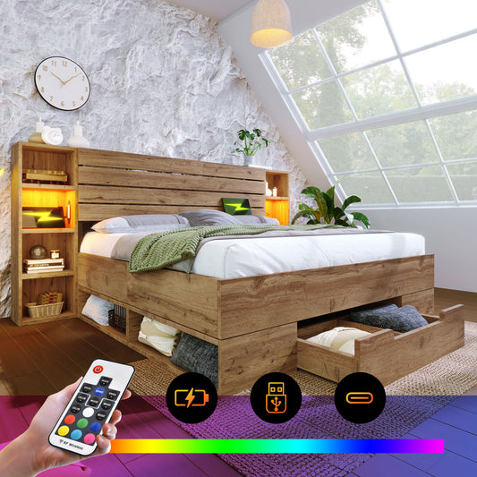 Gigab2b original image - Doppelbett Massivholzbett 180×200, Stauraumbett Bettanlage mit LED-Beleuchtung und USB C Stauraum-Kopfteil und Schubladen, Bettgestell Lattenrost aus holz, Eiche(Ohne Matratze)