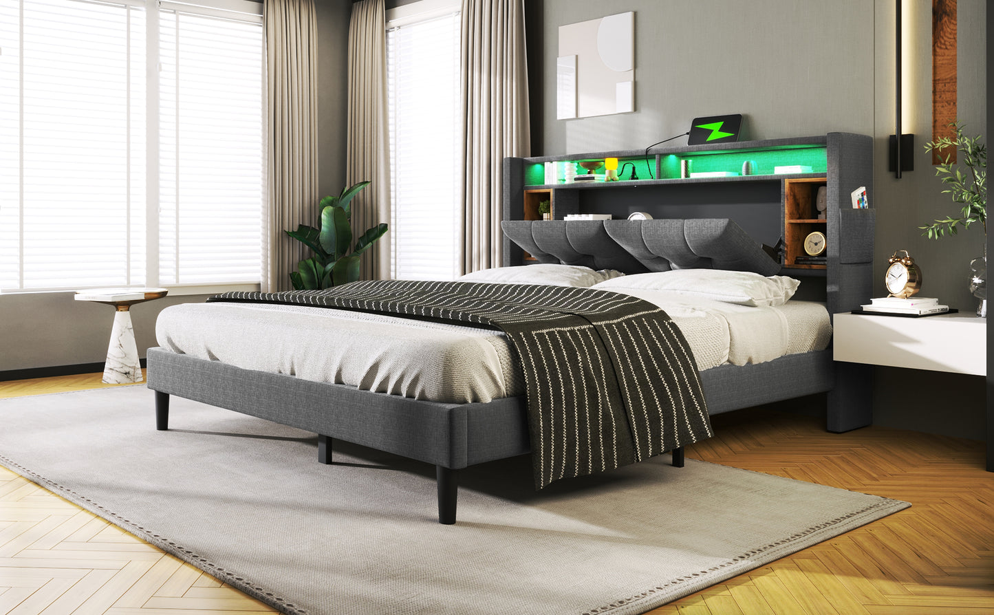 (=067980AAG)Polsterbett Doppelbett Stauraum-Kopfteil Bett mit aufladen USB und LED-Beleuchtung Bettgestell  Lattenrost aus Holz,160*200CM Grau(Ohne Matratze)