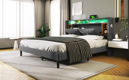 (=067980AAG)Polsterbett Doppelbett Stauraum-Kopfteil Bett mit aufladen USB und LED-Beleuchtung Bettgestell  Lattenrost aus Holz,160*200CM Grau(Ohne Matratze)