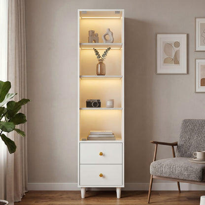 Gigab2b original image - Vitrine mit LED-Beleuchtung, modernes Bücherregal mit Glastüren und 2 Schubladen, Vitrine für Sammlerstücke, moderner Stil mit goldenen Griffen, weiß–H165/B40/T35cm