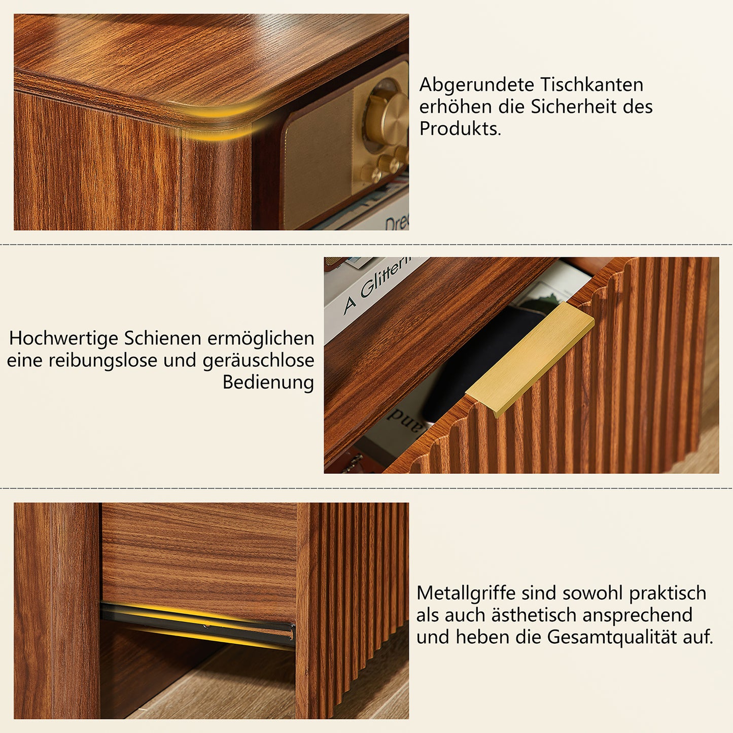 Space-Saving Golden Nightstand with Open Drawer