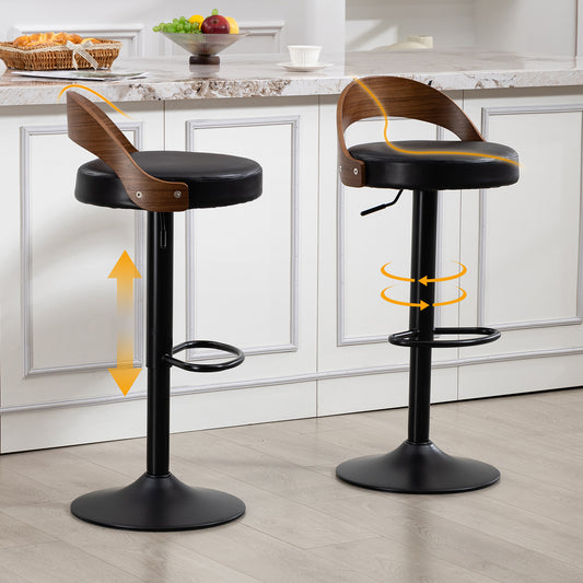 2er-Set 360° drehbarer Barhocker mit Rückenlehne aus schwarzem Walnussholz und Sitzpolster aus PU, höhenverstellbar. Geeignet für Küchen, Restaurants, Bars & ähnliche Räumlichkeiten(Black PU Leather)