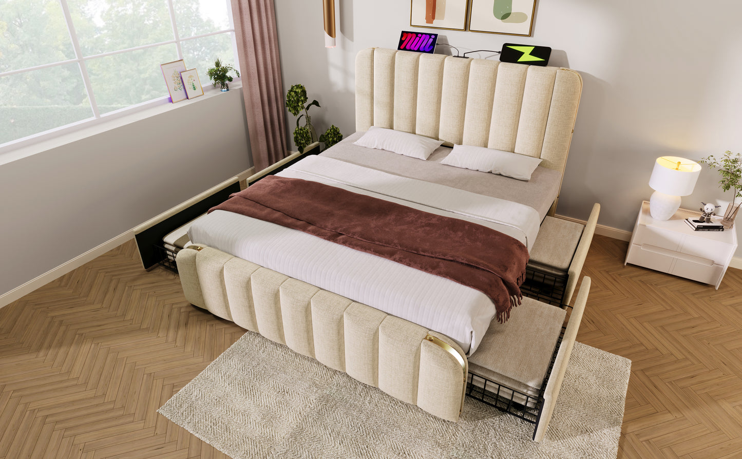 Polsterbett Doppeltes, gepolstertes Kopfteil mit goldenen Zierstreifen und ,USB Typ-C Ladefunktion 140*190 cm, Beige Leinen-Material mit 4 Schubladen ,Belastbarkeit 181 kg (Ohne Matratze)