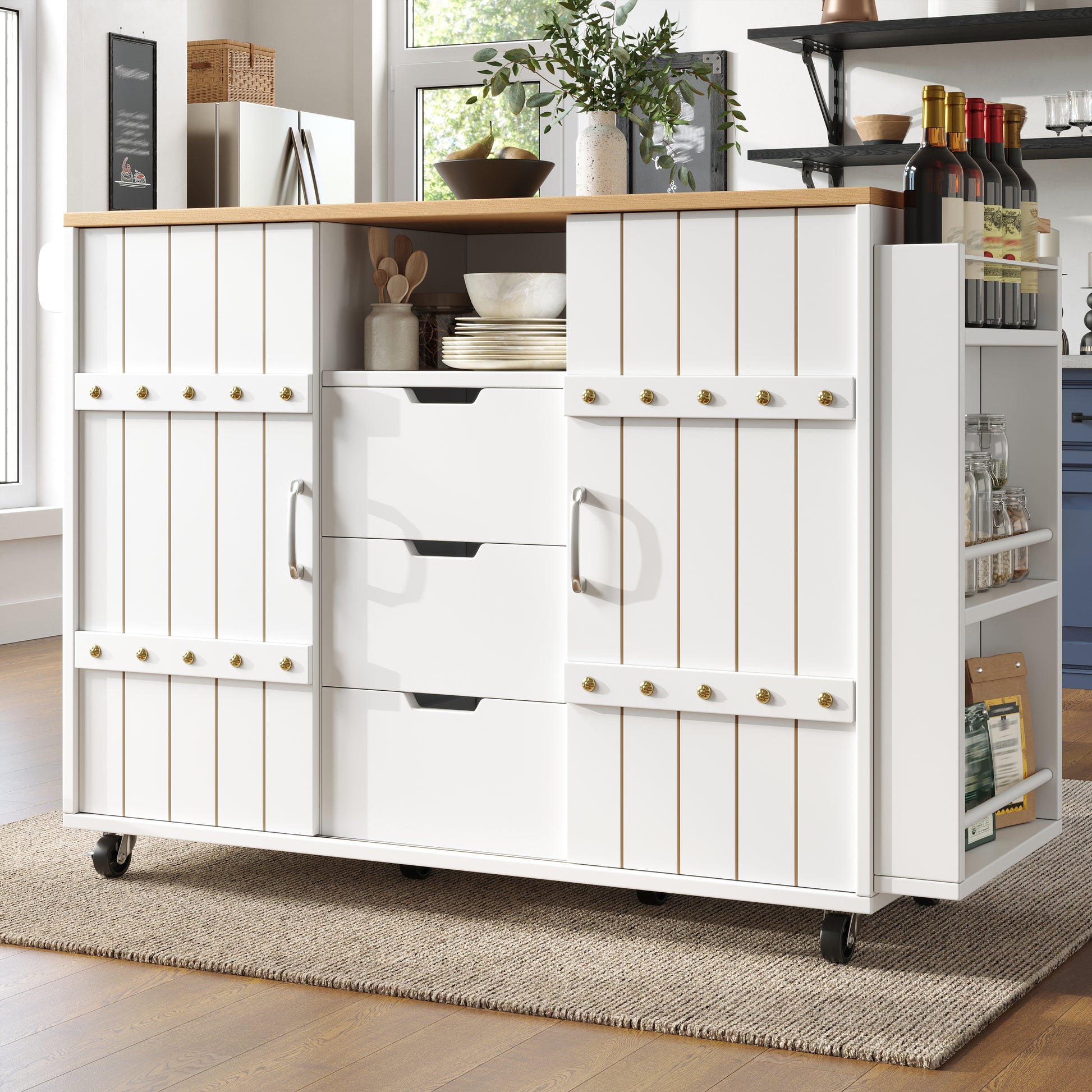 Gigab2b original image - Küchenschrank, Servierwagen mit Holzmaserung, Küchenwagen mit rollen und arbeitsplatte, Küchenwagen mit Gewürzregal und Handtuchhalter, Kücheninsel mit Schiebetüren und Schubladen, weiß