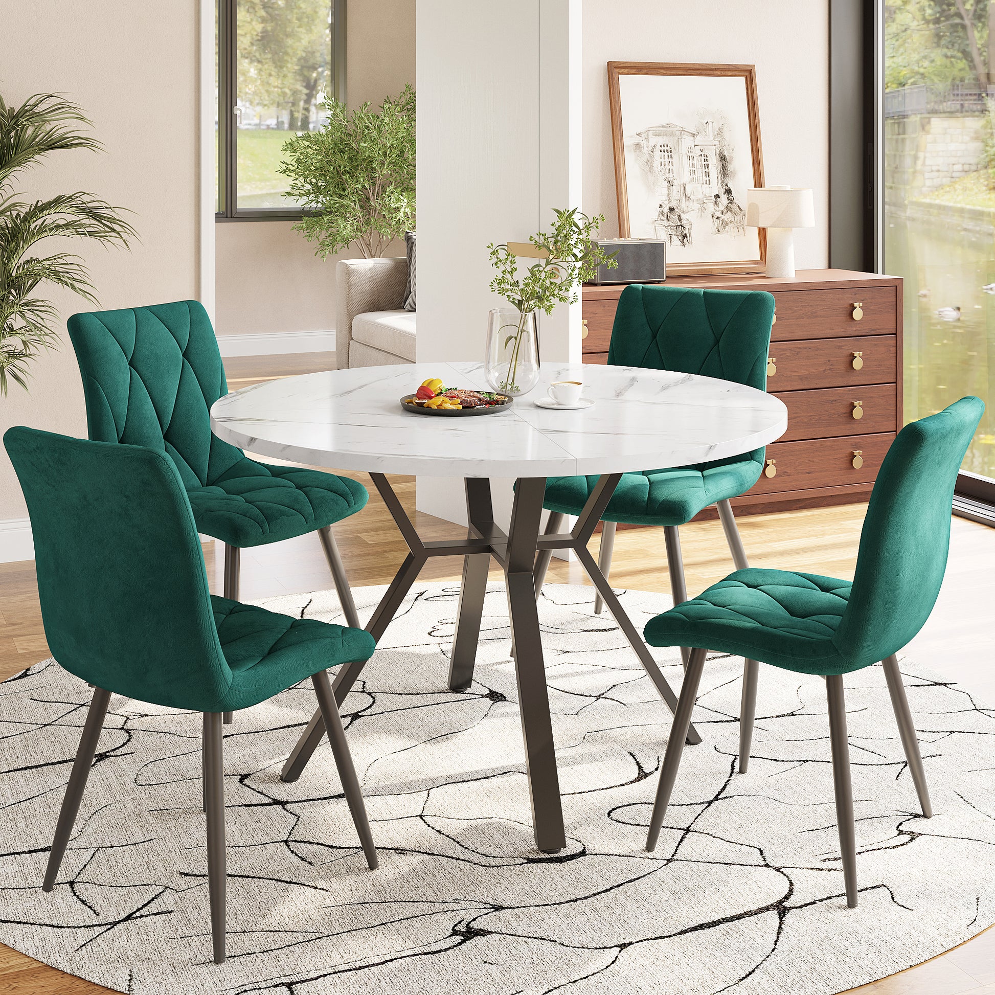 Gigab2b original image - Esstisch- und Stuhlset (5-teilig), modernes, schlichtes rundes Esstisch- und Stuhlset aus Marmor, Tischbeine aus schwarzem Metall + 4 ergonomische Stühle aus grünem Wildleder