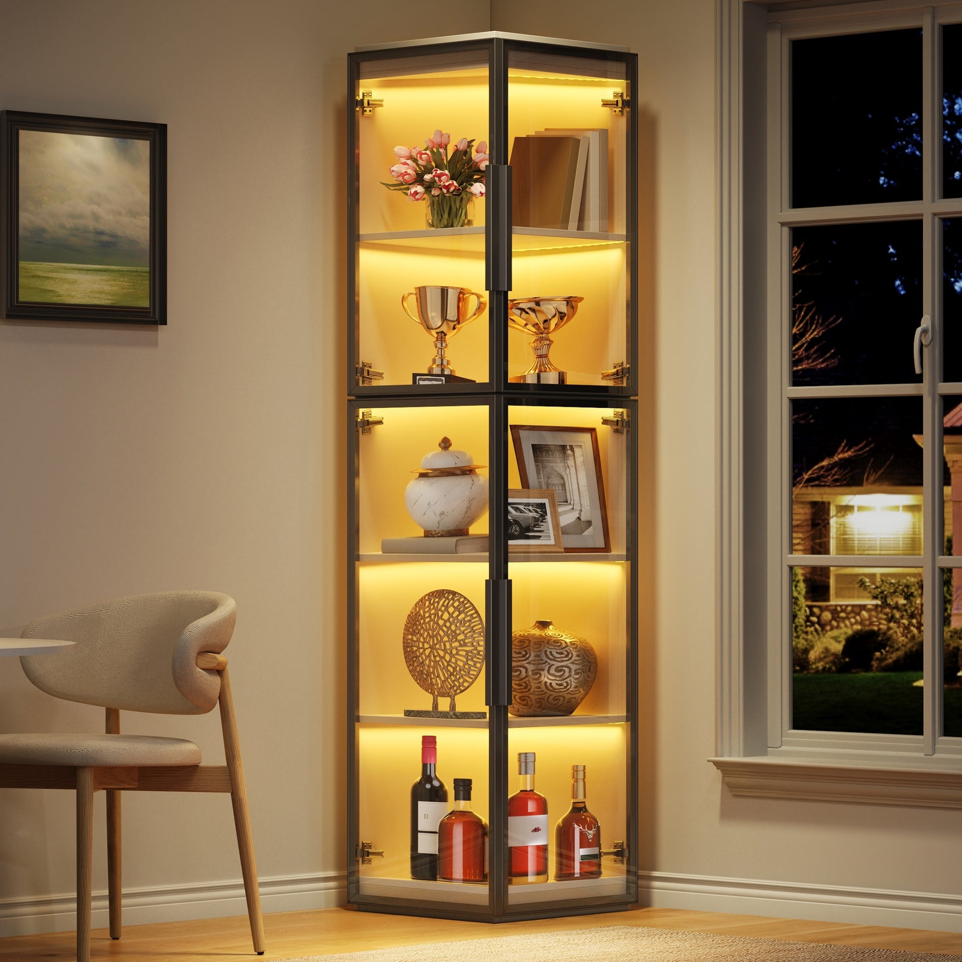 170 cm hohe, schmale vitrine mit fünf Einlegeböden und LED-Beleuchtung – transparente, freistehende Acrylvitrine mit Doppeltüren für Rundumsicht, geeignet für die Präsentation in Wohn- und Essbere