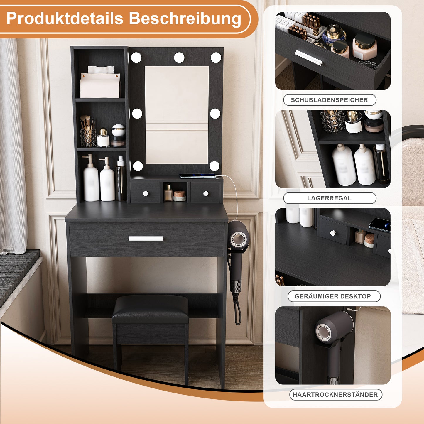 Small Makeup Vanity with Mirror and Adjustable LED Lighting